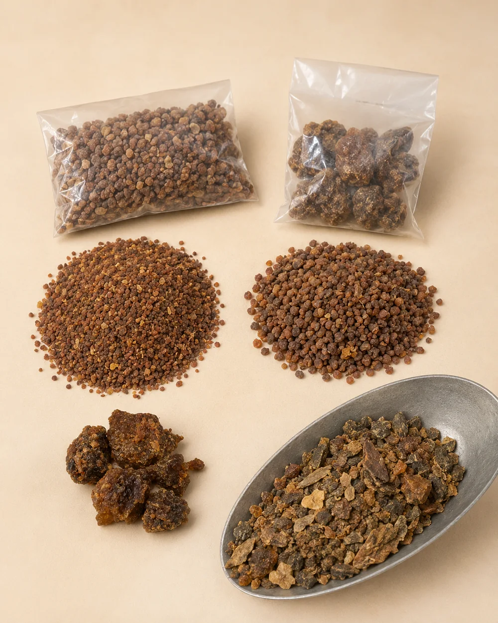 Supplier photograph showing several forms of Somali myrrh, including granules, resin pieces and unsorted material